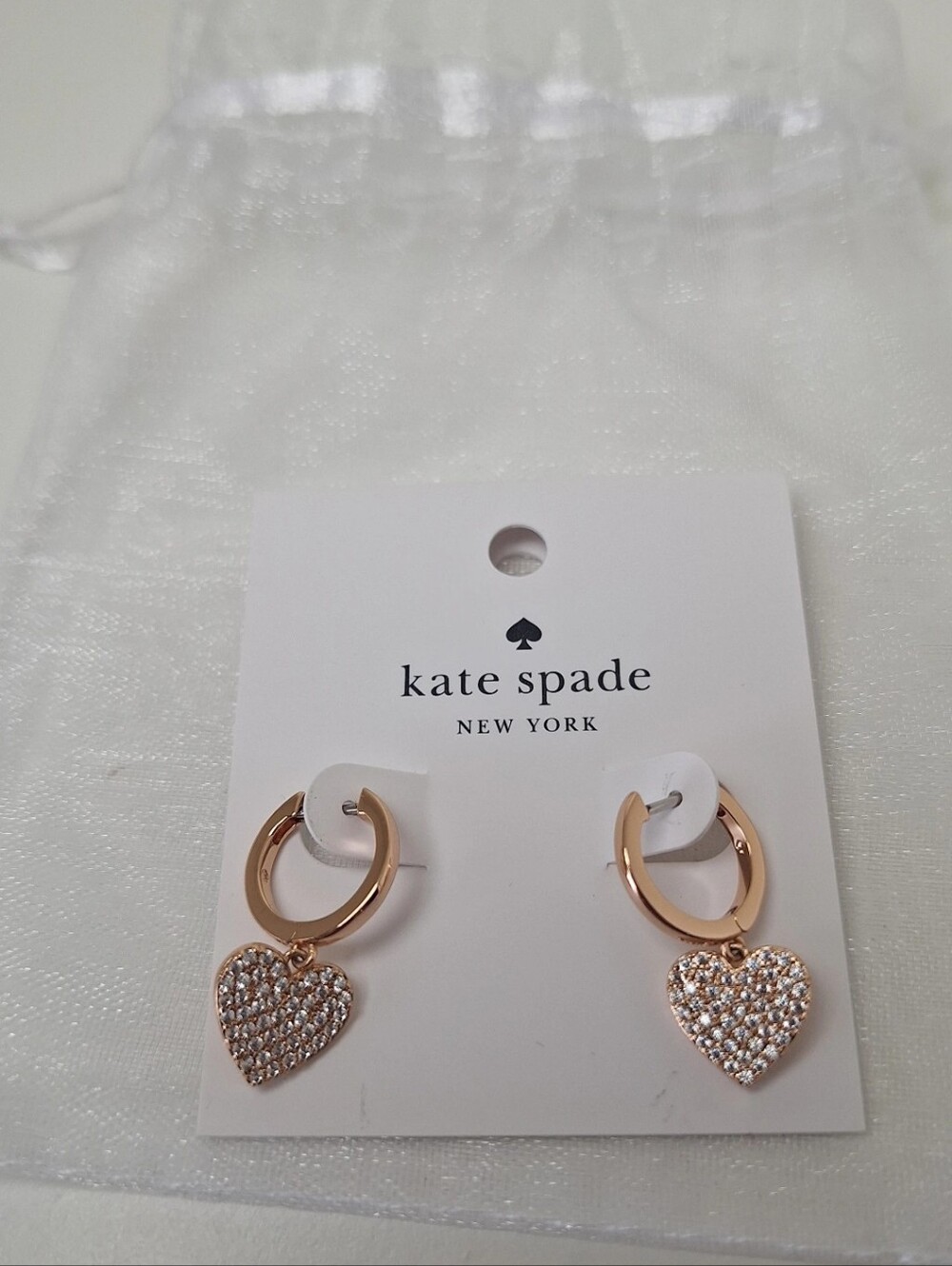 Kate Spade Rose Gold "Yours Truly" Heart Drop Huggies Hoop Earrings NWOT - Picture 2 of 4